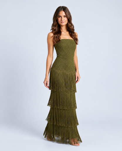 KAYO | ROBE MI-LONGUE BUSTIER À FRANGES ÉTAGÉES