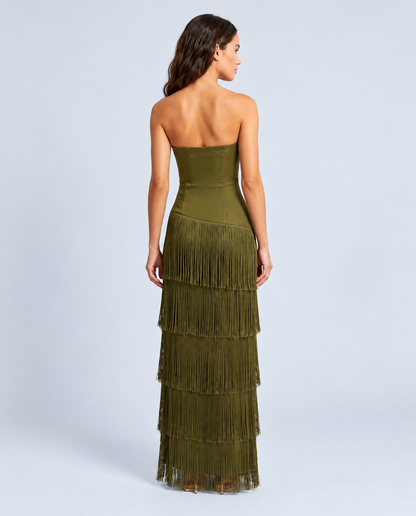 KAYO | ROBE MI-LONGUE BUSTIER À FRANGES ÉTAGÉES