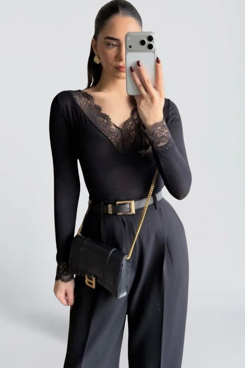 KAYO | MANCHE LONGUE COL V DENTELLE