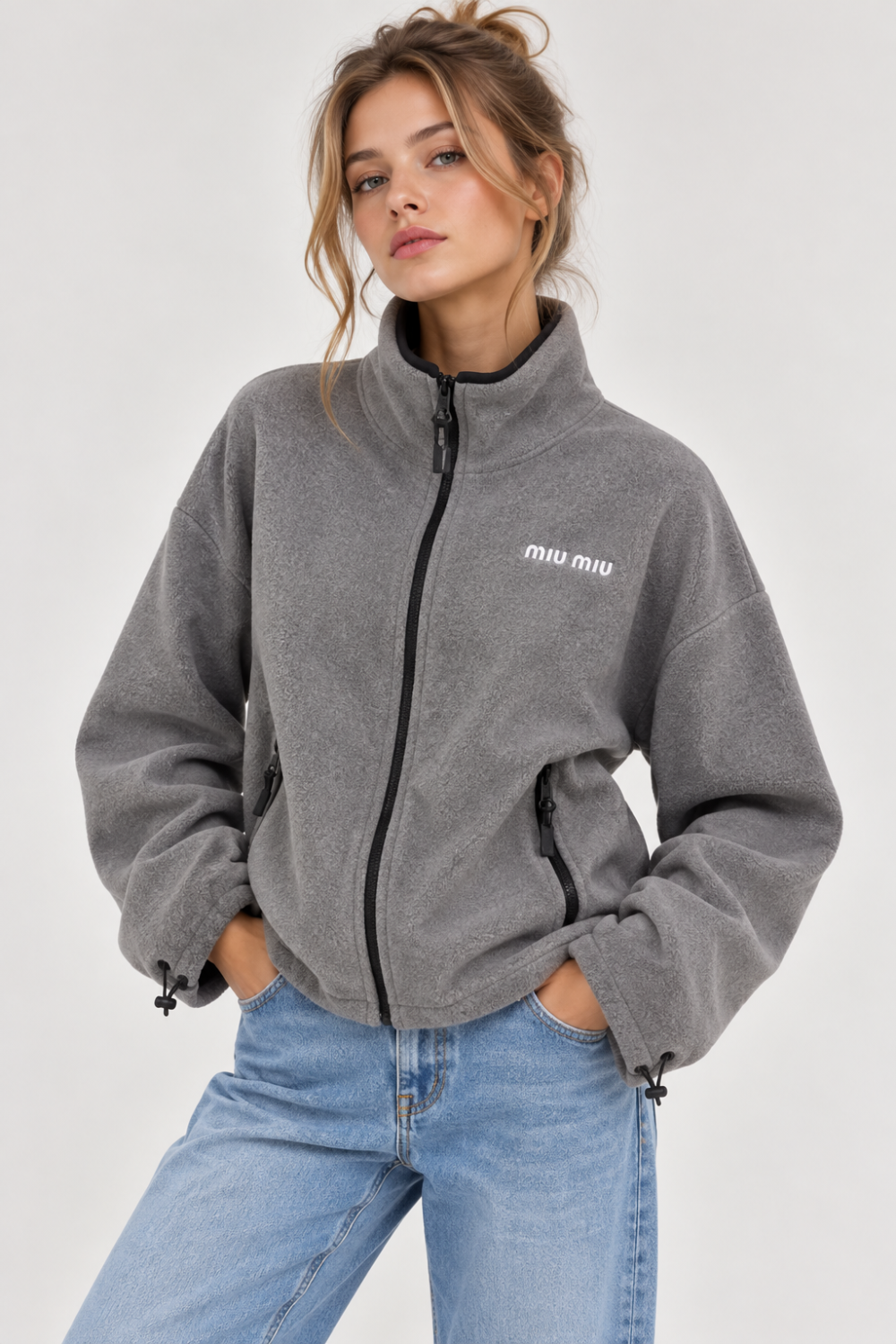 KAYO | MIAO JIA EMBROIDERED LOGO GRAY FLEECE JACKET