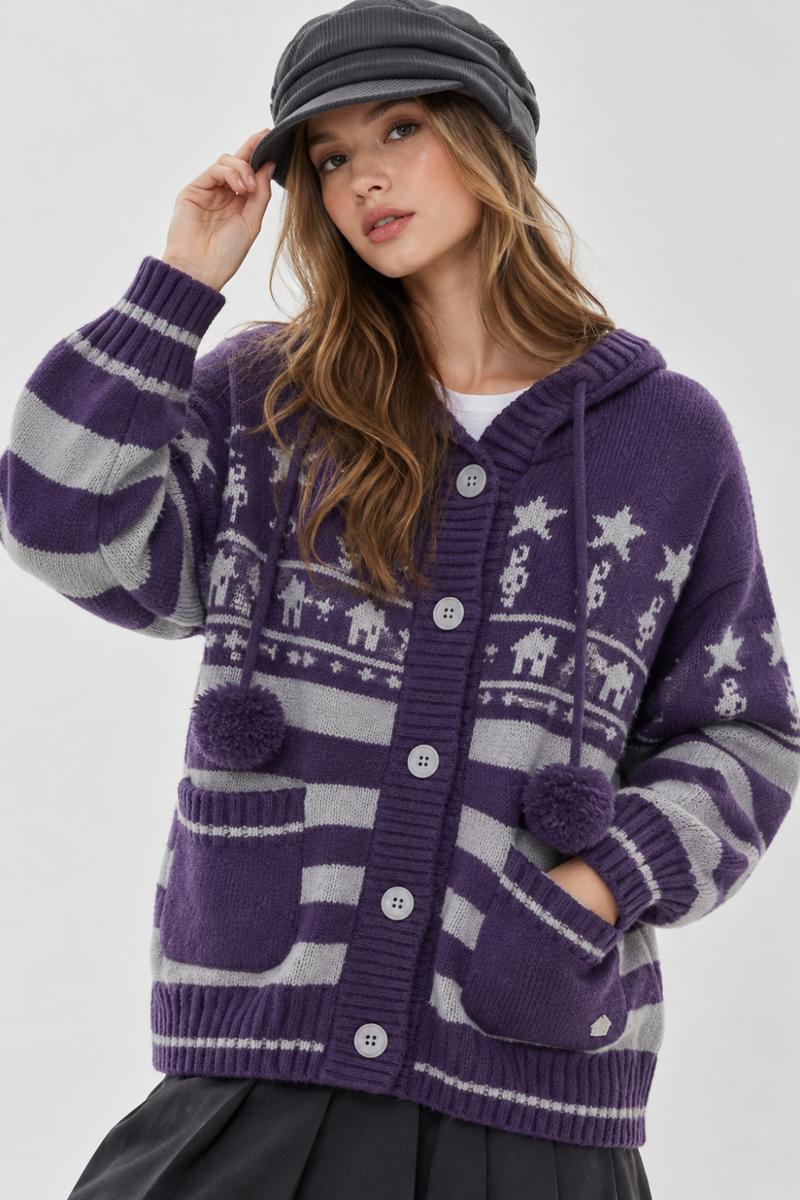 KAYO | JACQUARD KNIT HOODED CARDIGAN