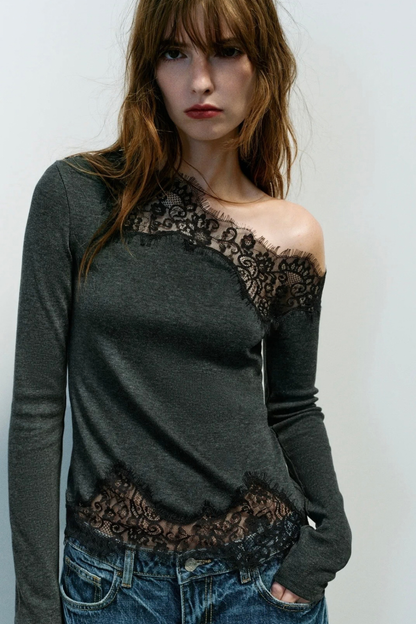 KAYO | LONG SLEEVE ASYMMETRIC LACE TOP