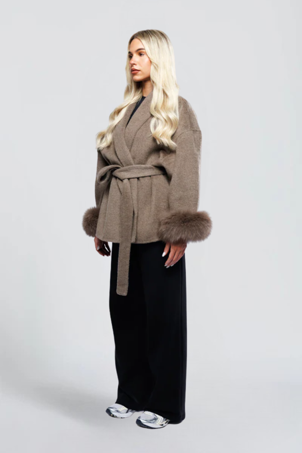 KAYO | BELTED WRAP JACKET WITH FAUX-FUR CUFFS