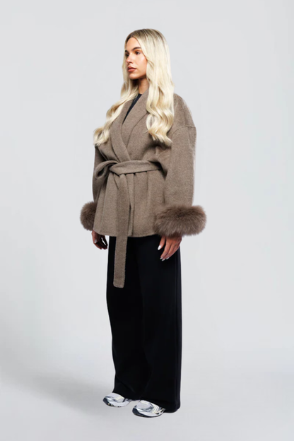 KAYO | BELTED WRAP JACKET WITH FAUX-FUR CUFFS
