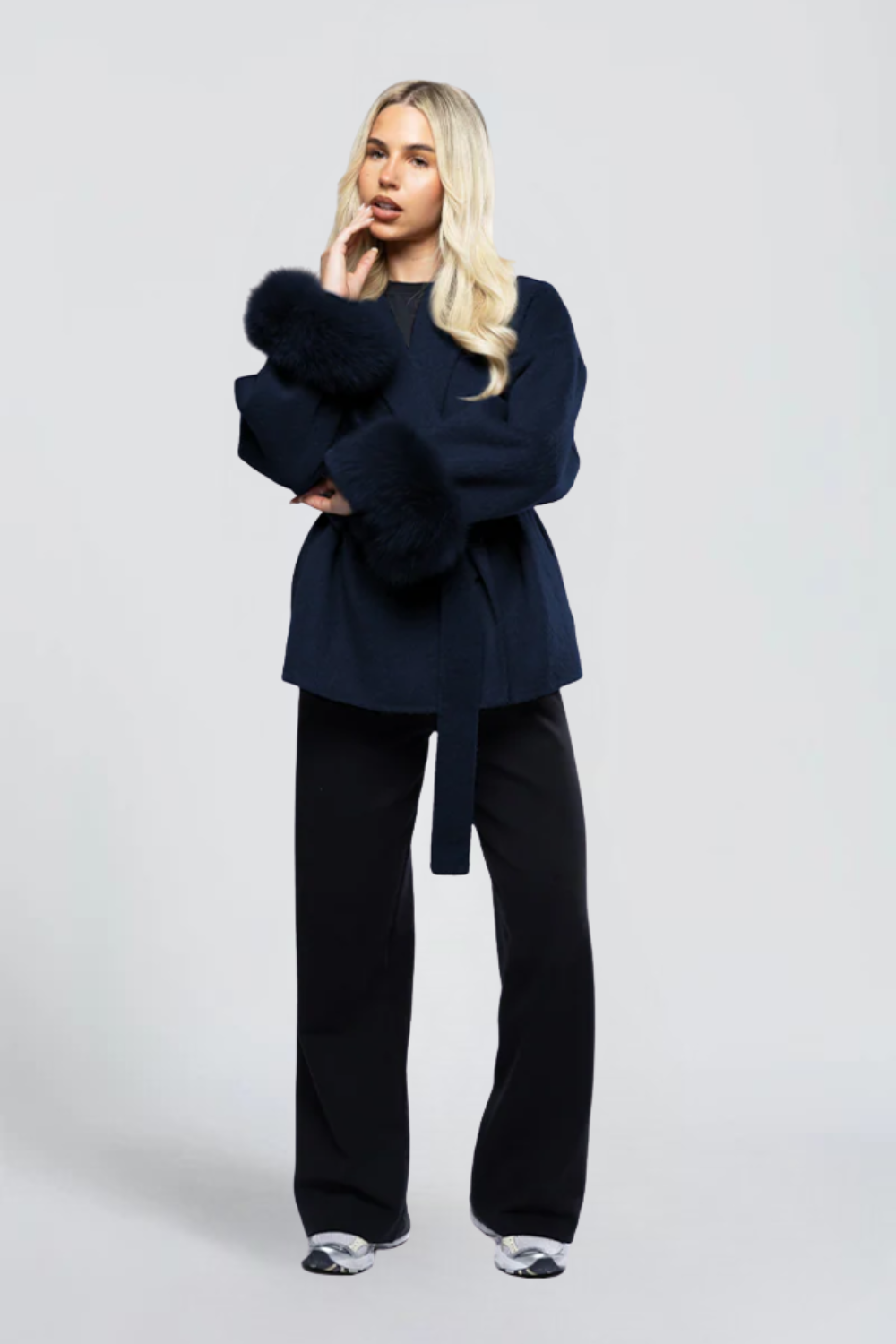 KAYO | BELTED WRAP JACKET WITH FAUX-FUR CUFFS