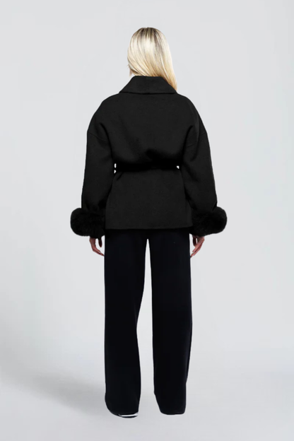 KAYO | BELTED WRAP JACKET WITH FAUX-FUR CUFFS
