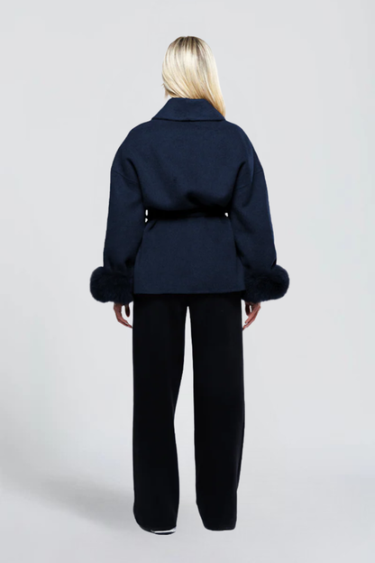 KAYO | BELTED WRAP JACKET WITH FAUX-FUR CUFFS