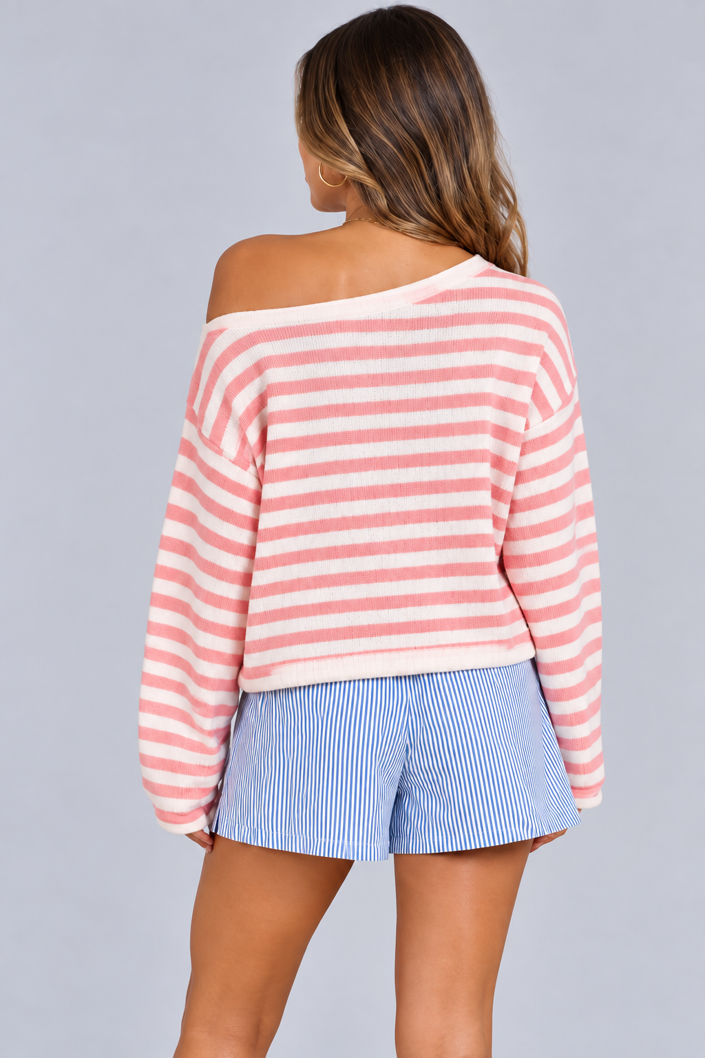 KAYO | PULL RAYÉ ROSE ÉPAULES DÉNUDÉES