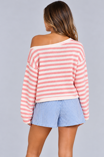 KAYO | PULL RAYÉ ROSE ÉPAULES DÉNUDÉES