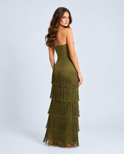 KAYO | ROBE MI-LONGUE BUSTIER À FRANGES ÉTAGÉES