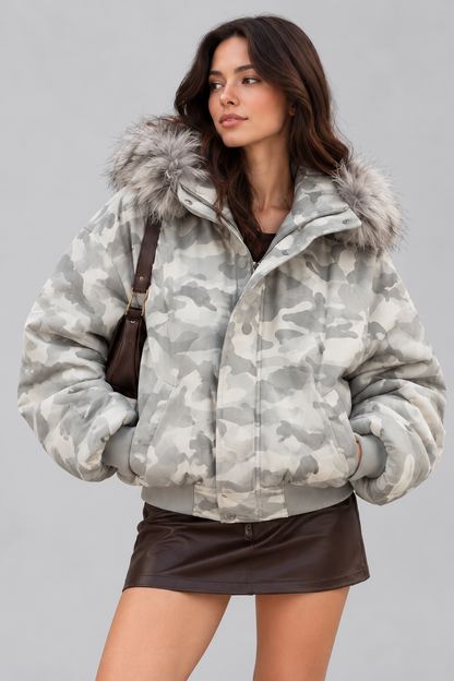 KAYO | GRAY CAMOUFLAGE FUR-TRIMMED PUFFER JACKET