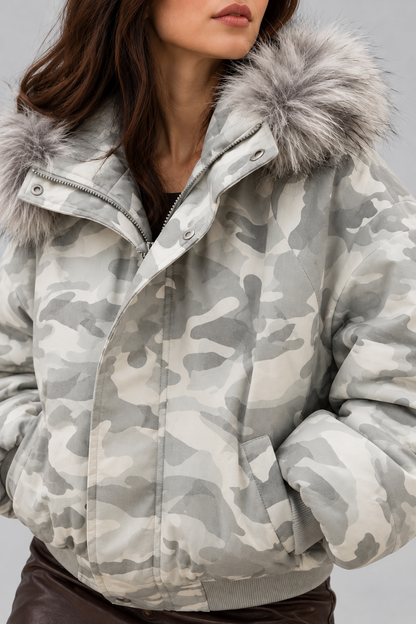 KAYO | GRAY CAMOUFLAGE FUR-TRIMMED PUFFER JACKET