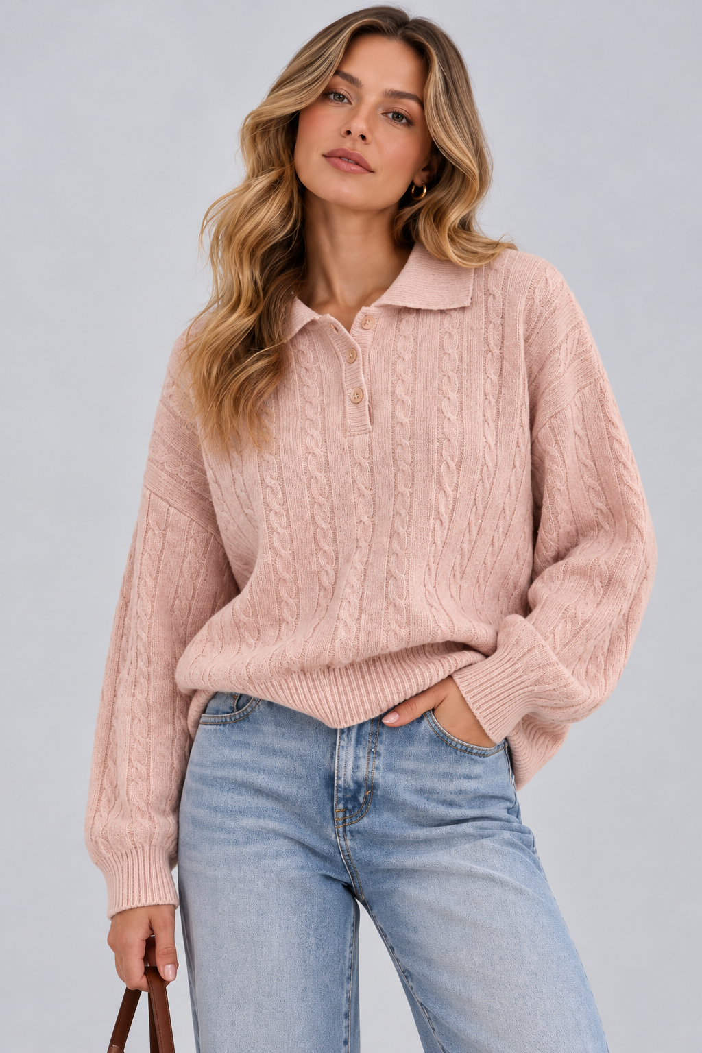 KAYO | BLUSH PINK CABLE-KNIT COLLARED POLO SWEATER