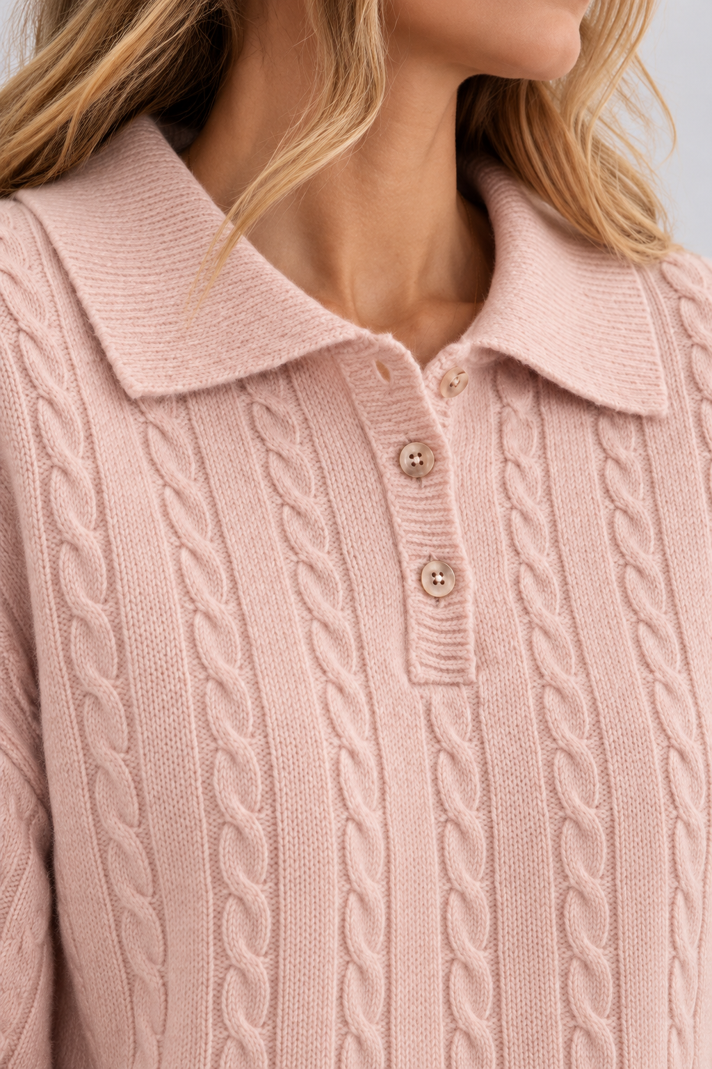 KAYO | BLUSH PINK CABLE-KNIT COLLARED POLO SWEATER